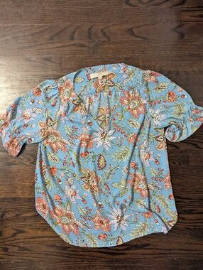 LOFT Light Blue Floral Short Sleeve Blouse